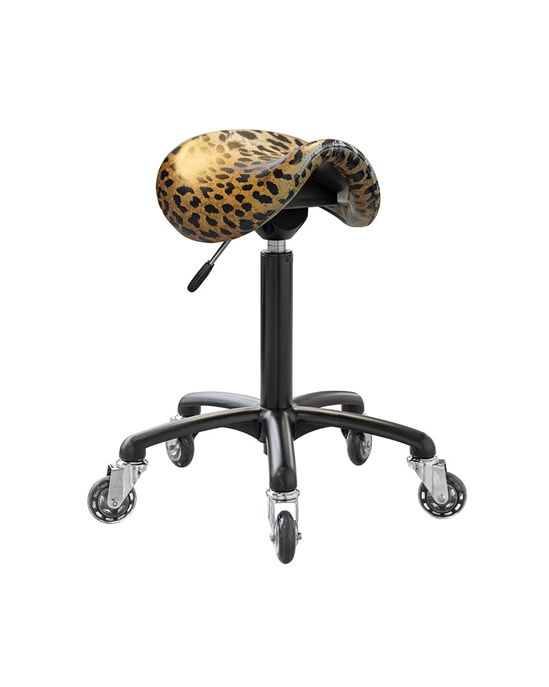 Stella - černá sedlová židle s leopardím potahem a kolečky