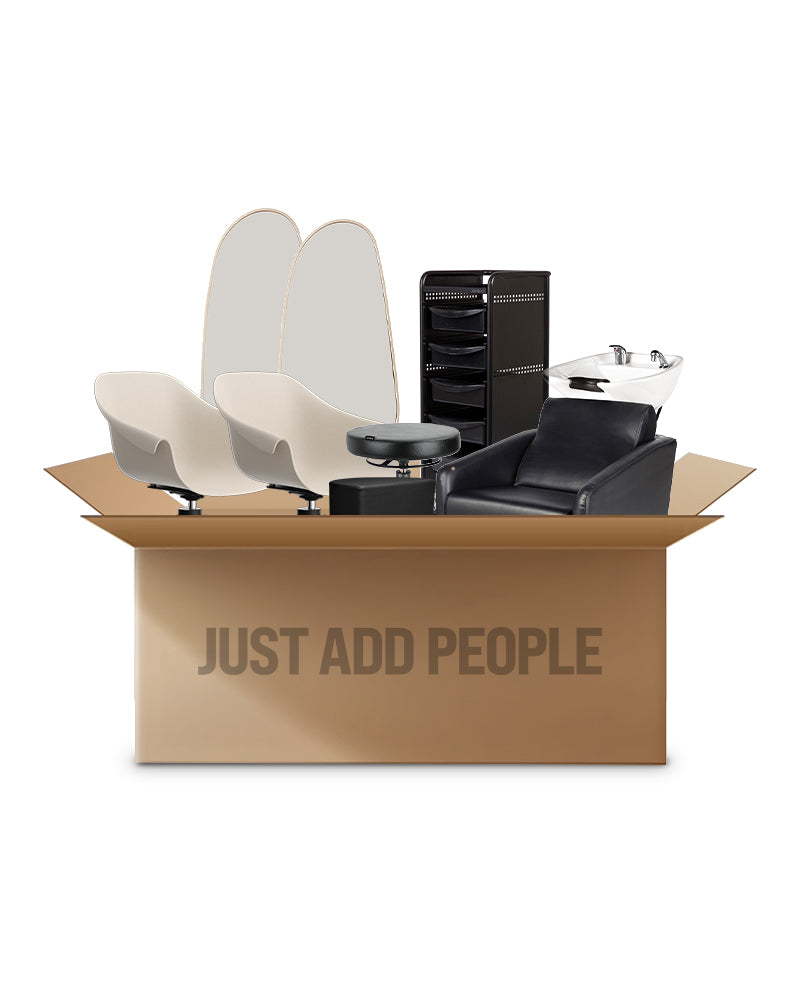 Béžový kadeřnický startovací balíček - s 2 klientskými místy, 1 mycím boxem a vybavením